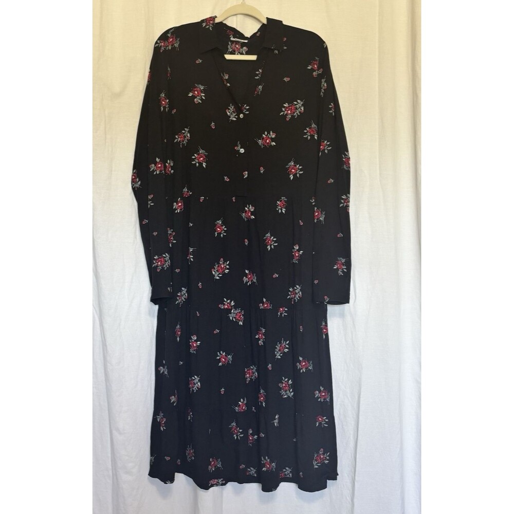 J. Jill womens L Tall black floral long sleeve midi dress cottagecore casual